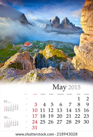 2015 Calendar. May. Colorful spring morning in the mountains