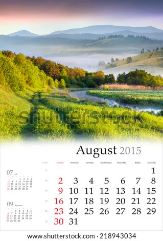 2015 Calendar. August. Beautiful summer landscape in the mountains