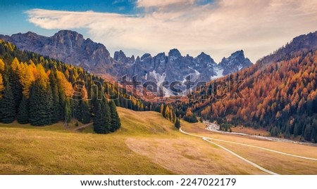 Similar – Foto Bild Unglaubliche Naturlandschaft aus der Vogelperspektive um die berühmten Drei Zinnen. Rifugio Antonio Locatelli Almhütte beliebtes Reiseziel in den Dolomiten, Italien