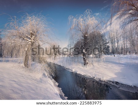 Beautiful winter landscape in the city park with a dark river