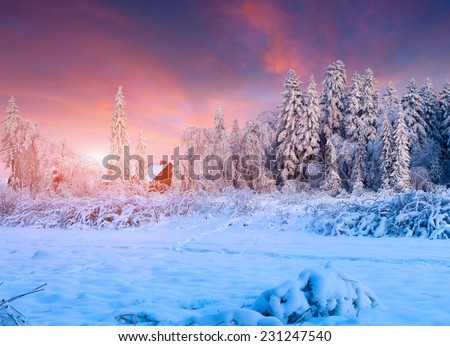 Colorful winter sunset in the mountain village. Strymba village, Carpathian, Ukraine, Europe.