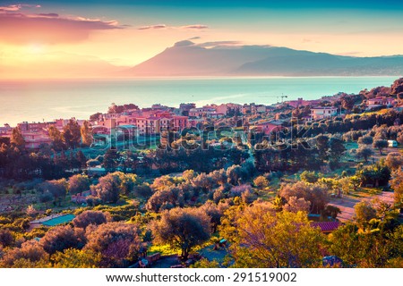 Colorful spring sunset in the Solanto village, Mediterranean sea, province Palermo, Sicily, Italy, Europe. Instagram toning.