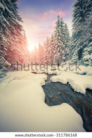 Dark river in the winter mountain forest. Retro style.