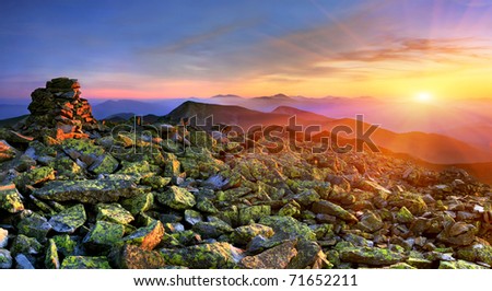 Exotic summer landscape in the Carpathian mountains. Sunset