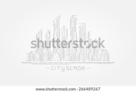 Circuit board in the form of city silhouette. Abstract cityscape isolated on white background. Vector illustration