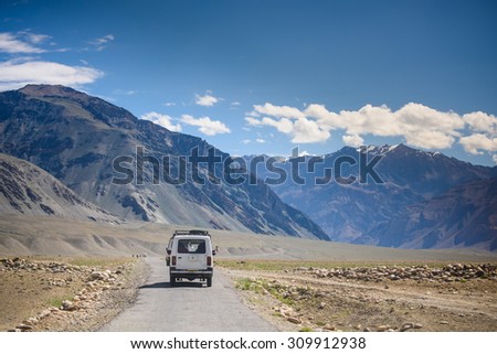 KASHMIR, INDIA - July 14 : Car tourist on the way go to snow moutain on July 14,2015 in KASHMIR, INDIA