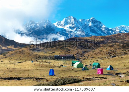 Campsite with tents on the top of high mountains, covered by snow. Kangchenjunga, India.