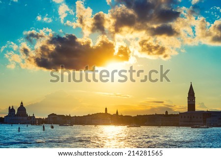 Sunset in Venice. View from the sea to Saint Mark square