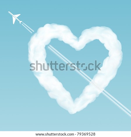 Cloud-heart pierced by an airplane in the sky