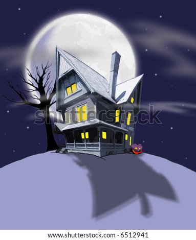 Haunted house with full moon and jack o lantern