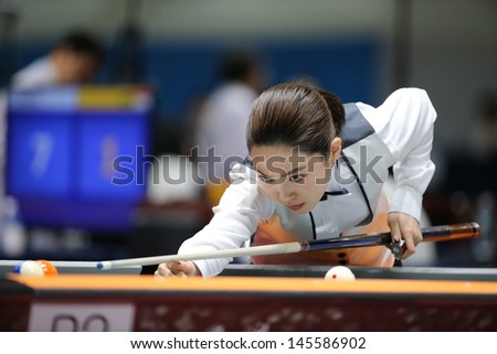 INCHEON - July 3:Cha Yu-Ram billiard player of South Korea participates in an 4th Asian  Indoor and Martial Arts Games 2013 at Songdo Convensiaon on July 3, 2013 in Incheon, South Korea.