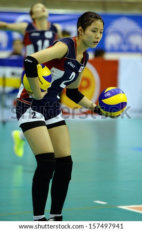 Nakhon Ratchasima, Thailand - SEP 15:Dayeong Lee of Korea in action during Asian Sr.Women\'s Volleyball Championship Chatchai Hall on September 15, 2013 in Nakhon Ratchasima, Thailand.