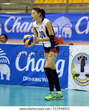 Nakhon Ratchasima, Thailand - SEP 16:Yeonkoung KIM of Korea in action during Asian Sr.Women\'s Volleyball Championship Chatchai Hall on September 16, 2013 in Nakhon Ratchasima, Thailand.