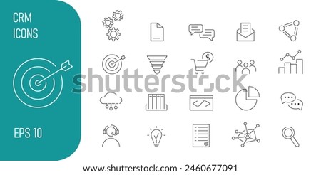 A set of CRM icons. Customer relationship management system. Icons: cloud storage, sales funnel, purchases, data, communication, sales department, communication and others