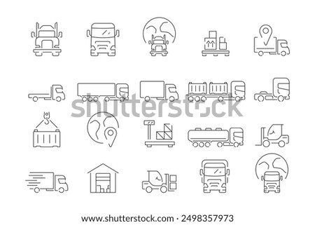 A set of modern logistics icons including a tanker truck, a truck, a container ship, a truck in front, a warehouse, a forklift, lifting a container, cargo on a pallet, weighing, worldwide delivery