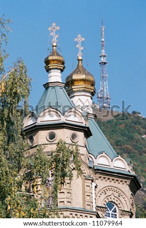 Russian church towers with crosses on top, Church of Lazarus. City is Pyatigorsk, Northern  Caucasus, Russia.