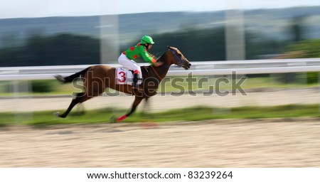 PYATIGORSK, RUSSIA - AUGUST 21: Jockey Jamathir Hamuthanov and golden akhal-teke stallion Airatin-Kan race for the prize of Omara Iskandarova on August 21, 2011 in Pyatigorsk, Caucasus, Russia