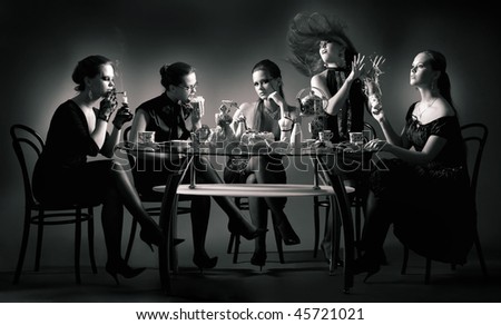 Collage. Five beauty girls tea drinking at the table over black
