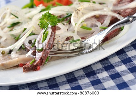 Bavarian snack (red and white \'Pressack\', cold pickled meats in aspic with onion rings, vinegar and salad oil )