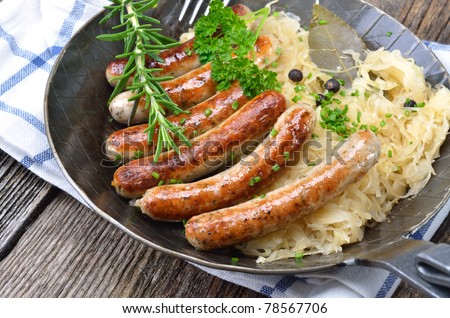 Similar – Image, Stock Photo Grilled nuremberger bratwurst. German sausages top view