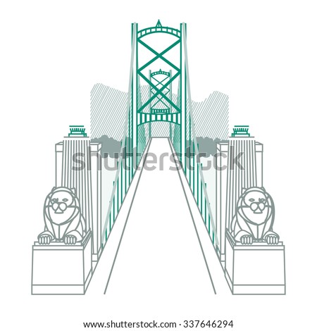 Lions Gate bridge with two lying lion statues & the towers leading over to a mountain range