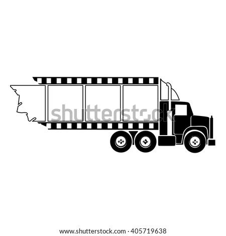 Transport truck hauling film strip. This represents a truck or transport servicing the movie industry logo concept