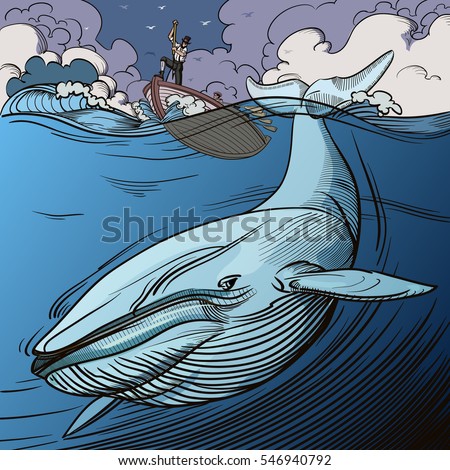 Blue whale being hunted by old time whalers book style line illustration. 
