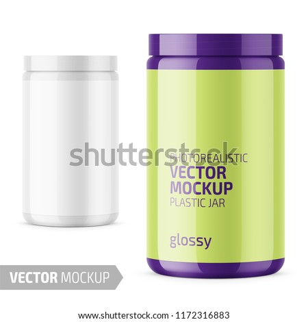 White glossy plastic jar with lid for sport powder - protein, vitamins, bcaa, tablets. Photo-realistic packaging mockup template with sample design. Vector 3d illustration.