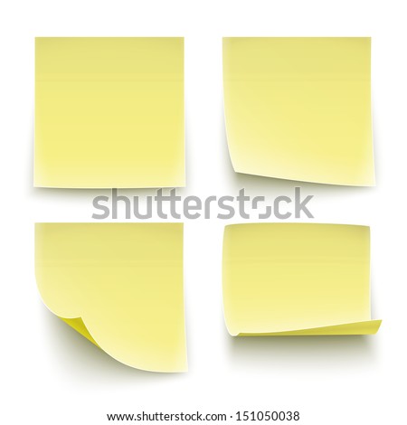 Four classic yellow paper stickers, twisted on different degree. Vector illustration. EPS10.