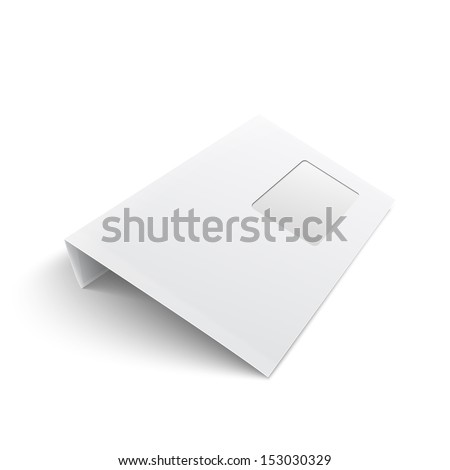 White stationery: blank opened envelope E65 size with window, on white background with soft shadows. Vector illustration. EPS10.