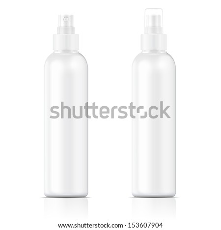White plastic bottle (cosmo round style) with fine mist ribbed sprayer for cosmetic, perfume, deodorant, freshener. Ready for your design. Product packaging collection. Vector illustration. EPS10.