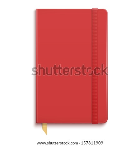 Red copybook with elastic band and gold bookmark. Vector illustration.