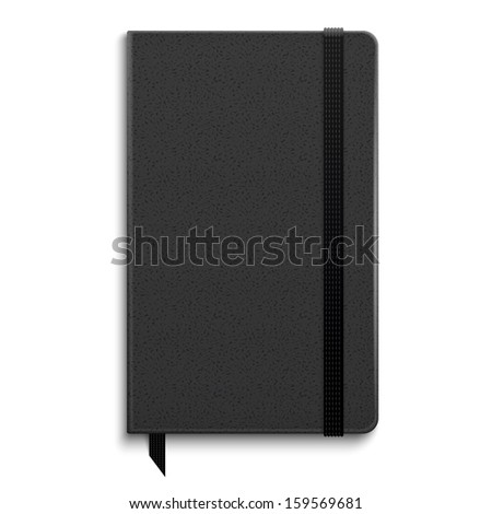 Black copybook with elastic band bookmark. Vector illustration.