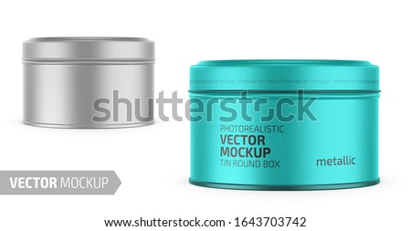 Round white metallic tin round box. Container for dry products - tea, coffee, sugar, cereals, candy. Photo-realistic packaging vector mockup template with sample design. Vector 3d illustration.