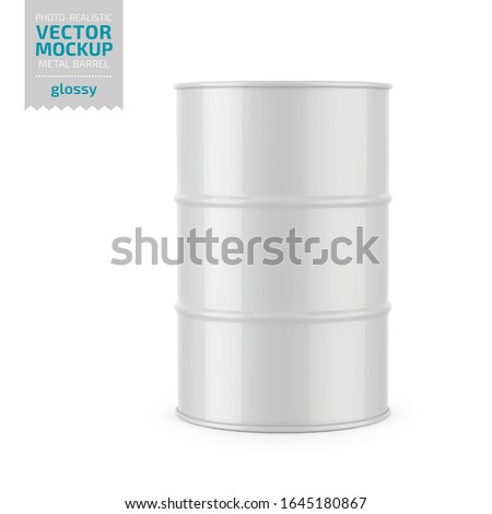 White glossy 200 l metal barrel. Container for liquid chemical products - oil, fuel, gasoline. Photo-realistic packaging vector mockup template. Vector 3d illustration.