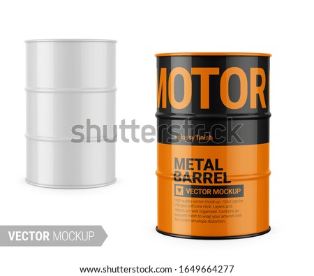 White glossy 200 l metal barrel. Container for liquid chemical products - oil, fuel, gasoline. Photo-realistic packaging vector mockup template with sample design. Vector 3d illustration.