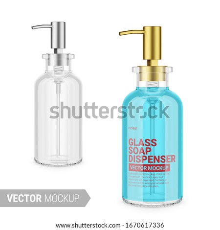 Clear glass soap dispenser bottle. Editable glass, liquid and pump colors. Contains accurate mesh to wrap your design with envelope distortion. Photo-realistic packaging mockup template.