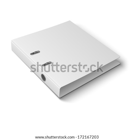 Blank closed office binder with metal rings, laying, 3d view, on white background. Vector illustration. EPS10.
