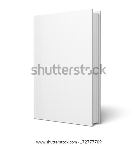 Blank vertical book cover template with pages in front side standing on white surface  Perspective view. Vector illustration.