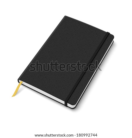 Black copybook template with elastic band and gold bookmark. Vector illustration.