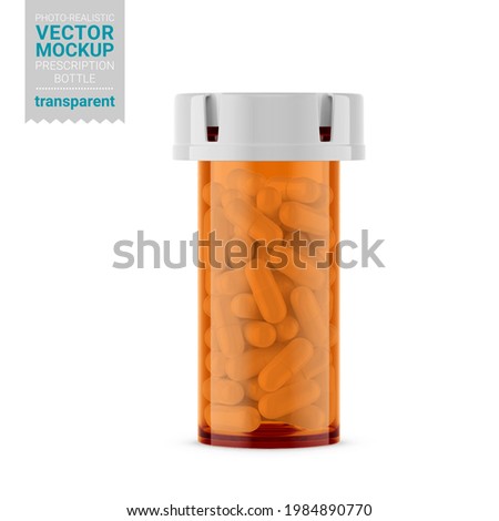 Orange transparent prescription bottle with pills. Vector 3d illustration. Contains an accurate mesh to wrap your artwork with the correct envelope distortion. Photo-realistic packaging vector mockup.