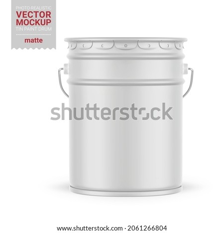 White matte metal paint bucket. Photo-realistic packaging mockup template. Vector 3d illustration. Contains an accurate mesh to wrap your artwork with the correct envelope distortion
