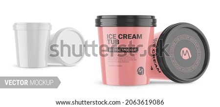 Two white round glossy ice cream cups. Photo-realistic packaging mockup template with sample design. Contains an accurate mesh to wrap your artwork with the correct envelope distortion.