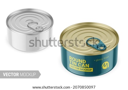 White round tin can with pull tab. Glossy finish. Hi-angle view. Photorealistic packaging mockup template. Contains an accurate mesh to wrap your artwork with the correct envelope distortion