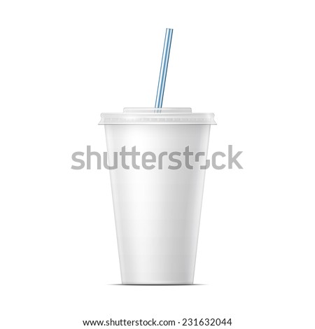 White paper cup template for soda or cold beverage with drinking straw, isolated on white background. Packaging collection. Vector illustration.