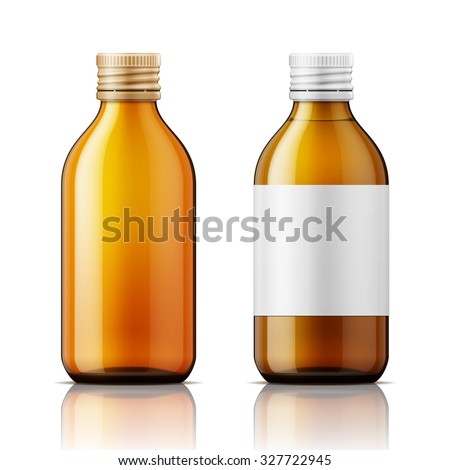 Template of brown glass bottle with screw cap, filled with liquid and empty. For medicine, syrup, pills, tabs. Packaging collection. Vector illustration. 
