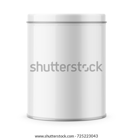 Round white glossy tin can with lid. Container for dry products - tea, coffee, sugar, cereals, candy, spice. Realistic packaging vector mockup template. Front view.
