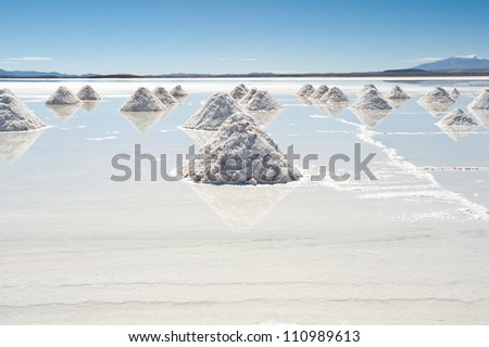This image shows salt piles on Bolivia\'s Salar De Uyuni