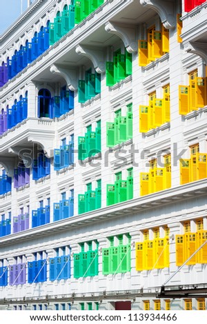 This image shows Colorful window shutters at Clark Quay, Singapore