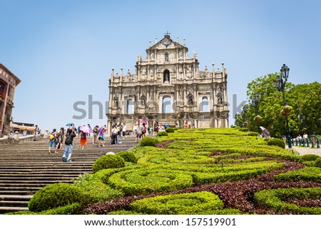 MACAU - CIRCA SEPTEMBER 2013 -Tourists walk on the square near the Ruins of St. Peter\'s in september 2013 in Macau.